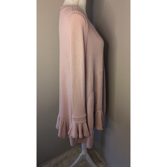 Free People Pink Waffle Knit Ruffle Hem Henley Tunic - Picture 4 of 8